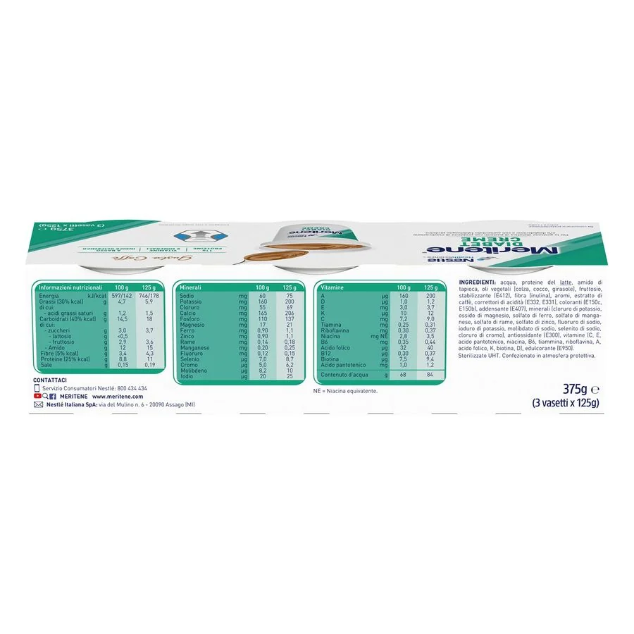 Meritene Diabet Creme Caffè 3x125 g Dessert Ipercalorico e Iperproteico