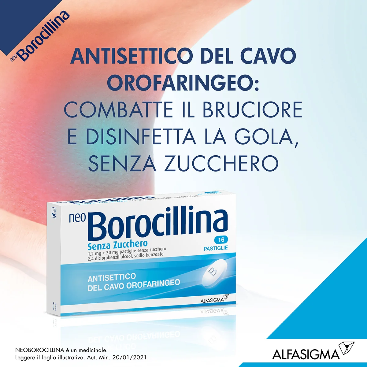 Neoborocillina Senza Zucchero 1,2mg + 20mg Antisettico 16 Pastiglie