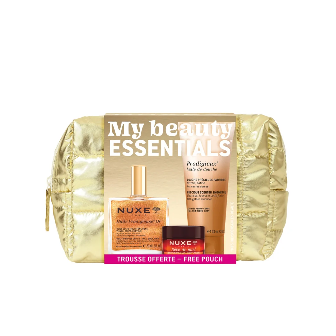 Nuxe My Beauty Essentials Trousse 2026 Huile Prodigieuse Olio Secco 50 ml + Reve De Miel Balsamo Labbra Riparatore Al Miele + Olio Doccia Prodigieux 100 ml