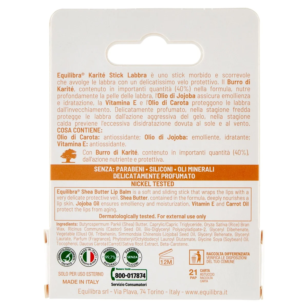 Equilibra Stick Labbra Karitè 5,5 ml Nutre profondamente