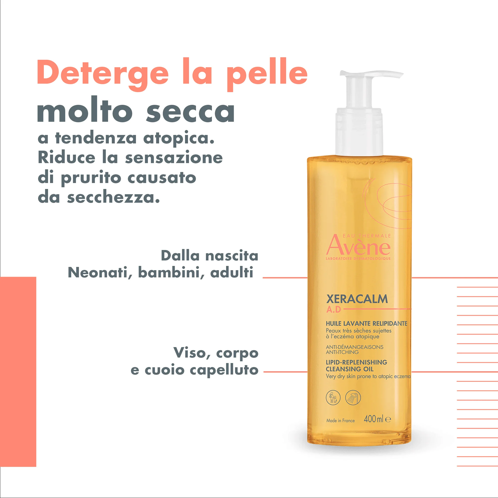 Eau Thermale Avène Xeracalm A.D Olio Detergente Liporestitutivo Prurito, 400 ml Pelle Secca a Tendenza Atopica