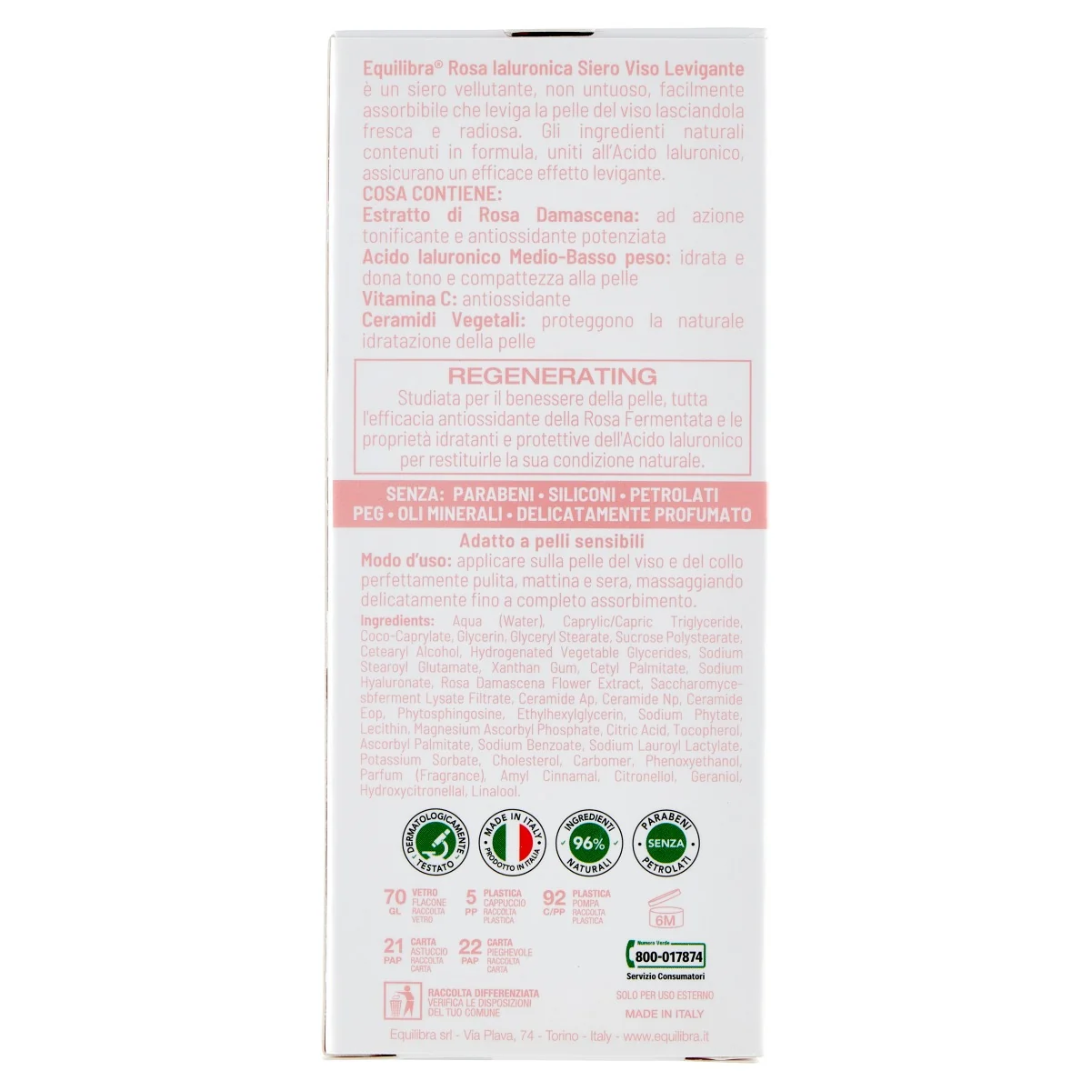 Equilibra Rosa Ialuronica Siero Viso Levigante 30 Ml Azione Tonificante e Antiossidante