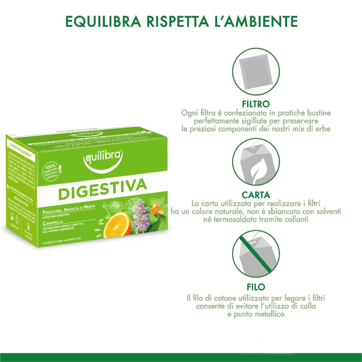 Equilibra Tisana Digestiva 15 Filtri Con Finocchio, Arancia, Menta e Camomilla