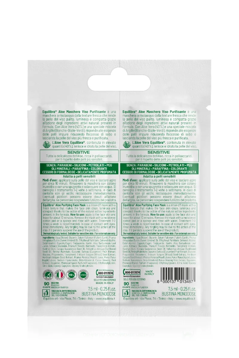 Equilibra Aloe Maschera Viso Purificante 2 Monodose x 7,5 Ml Contrasta Impurità