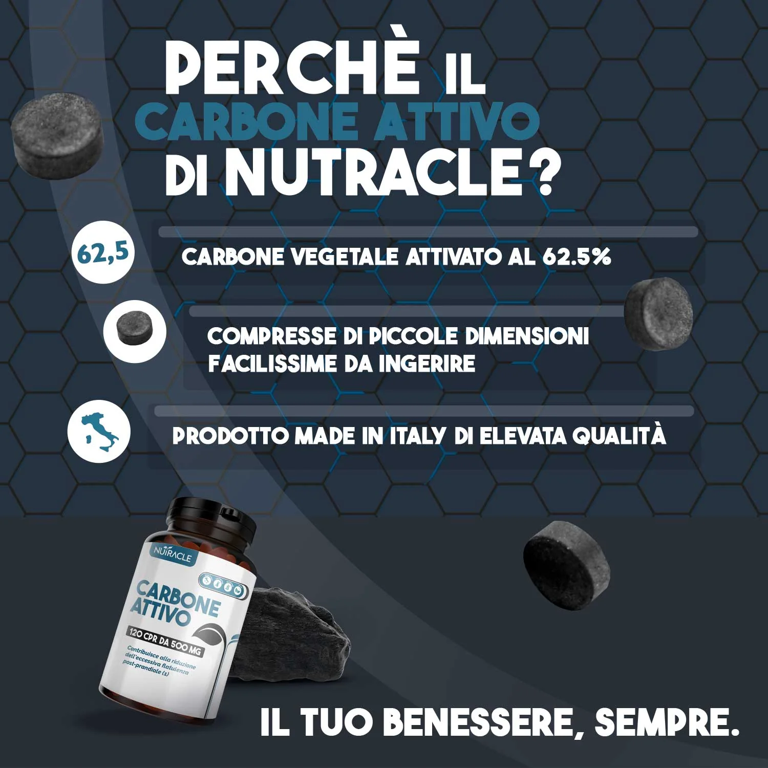 Nutracle Carbone Attivo 120 Compresse Disturbi Digestivi e Meteorismo