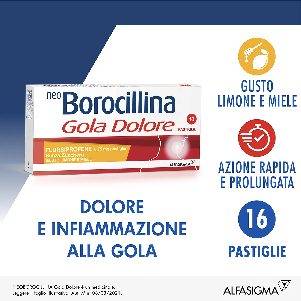 Neo Borocillina Gola Dolore 8,75 mg Limone e Miele 16 Pastiglie
