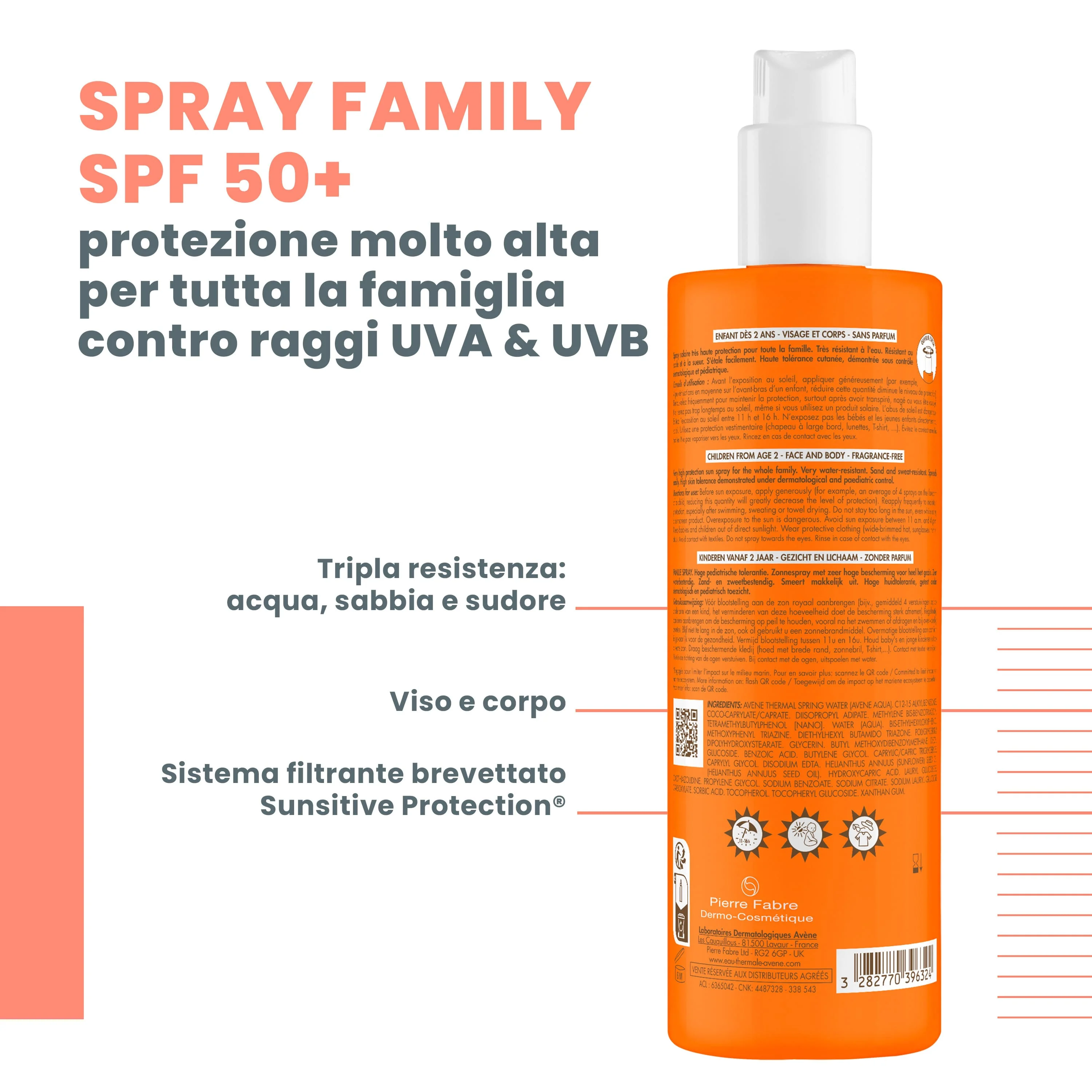 Avène Spray Famiglia Protezione Molto Alta SPF 50+ 400 ml Pelle Sensibile di Tutta la Famiglia