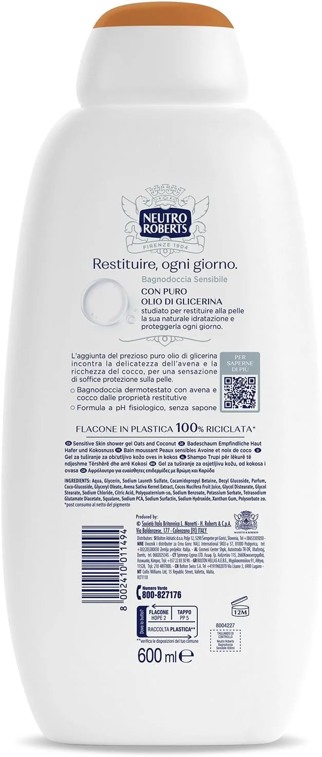 Neutro Roberts Bagnoschiuma Pelle Sensibile Avena E Cocco 600 ml Pelle protetta e Idratata