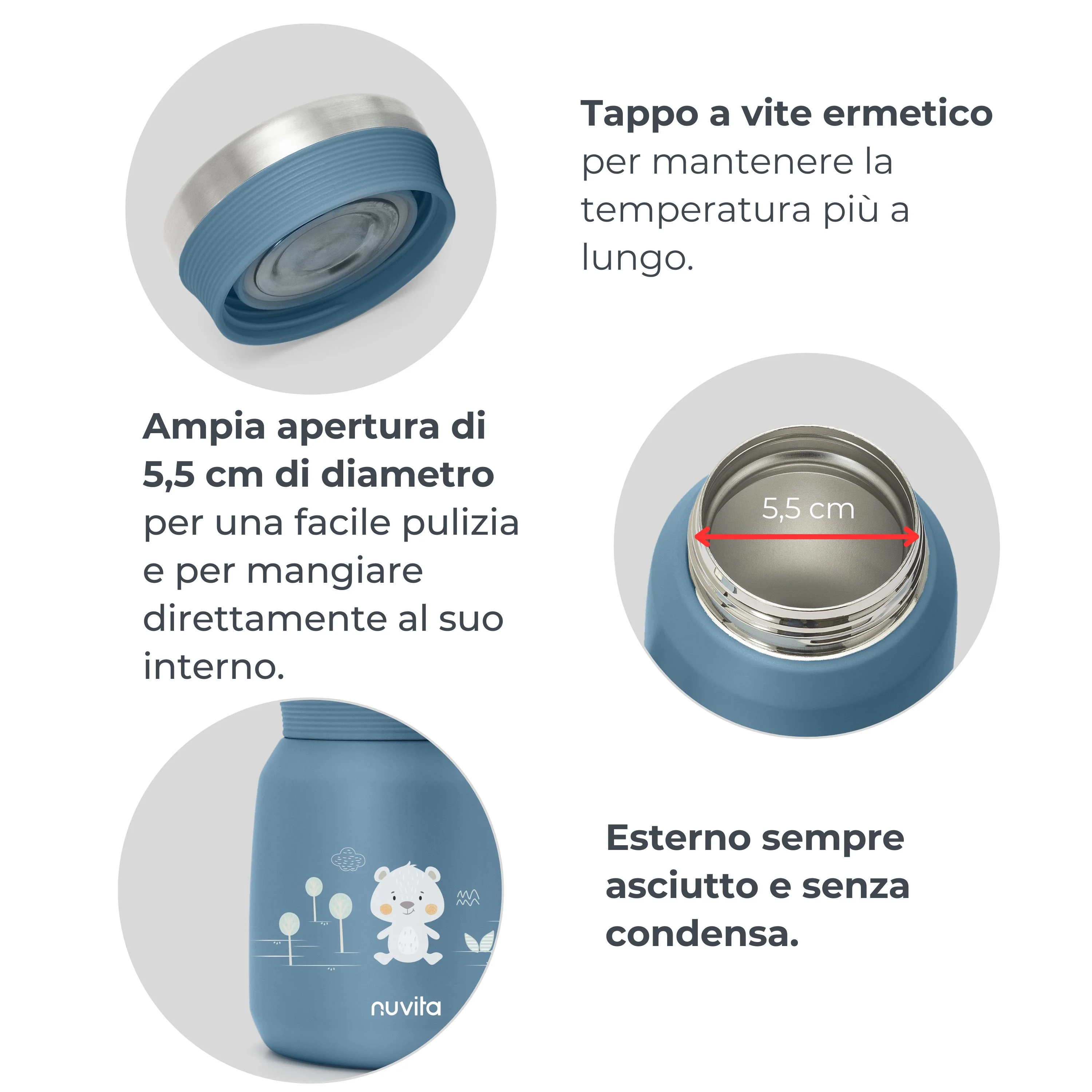 Nuvita Contenitore Termico Acciaio Inox Cibi Liquidi/Solidi Blu 300 ml Chiusura Ermetica per Pappe e Brodo