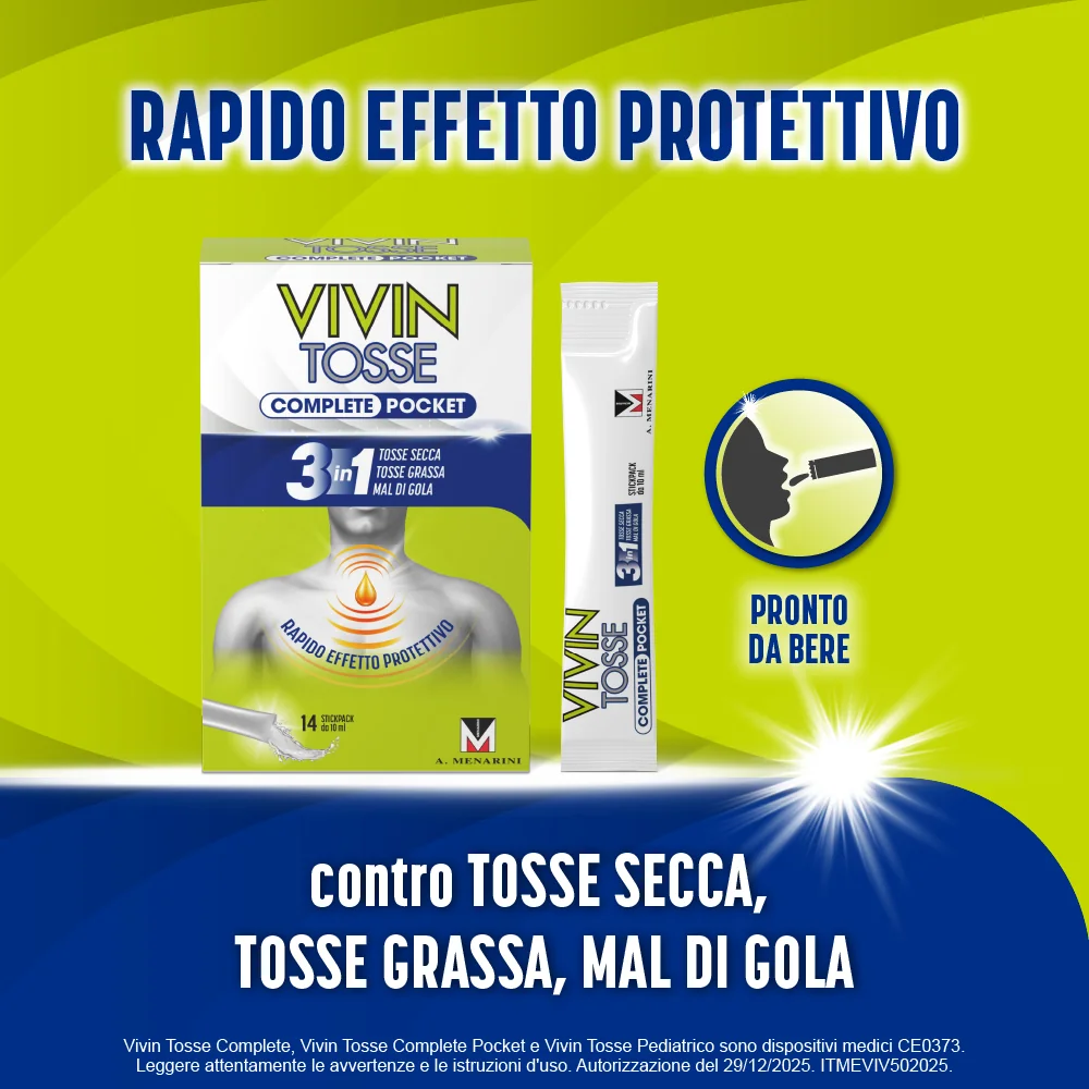 Vivin Tosse Complete 3 in 1 Complete Pocket 14 Stick Tosse Grassa, Secca e Mal di Gola