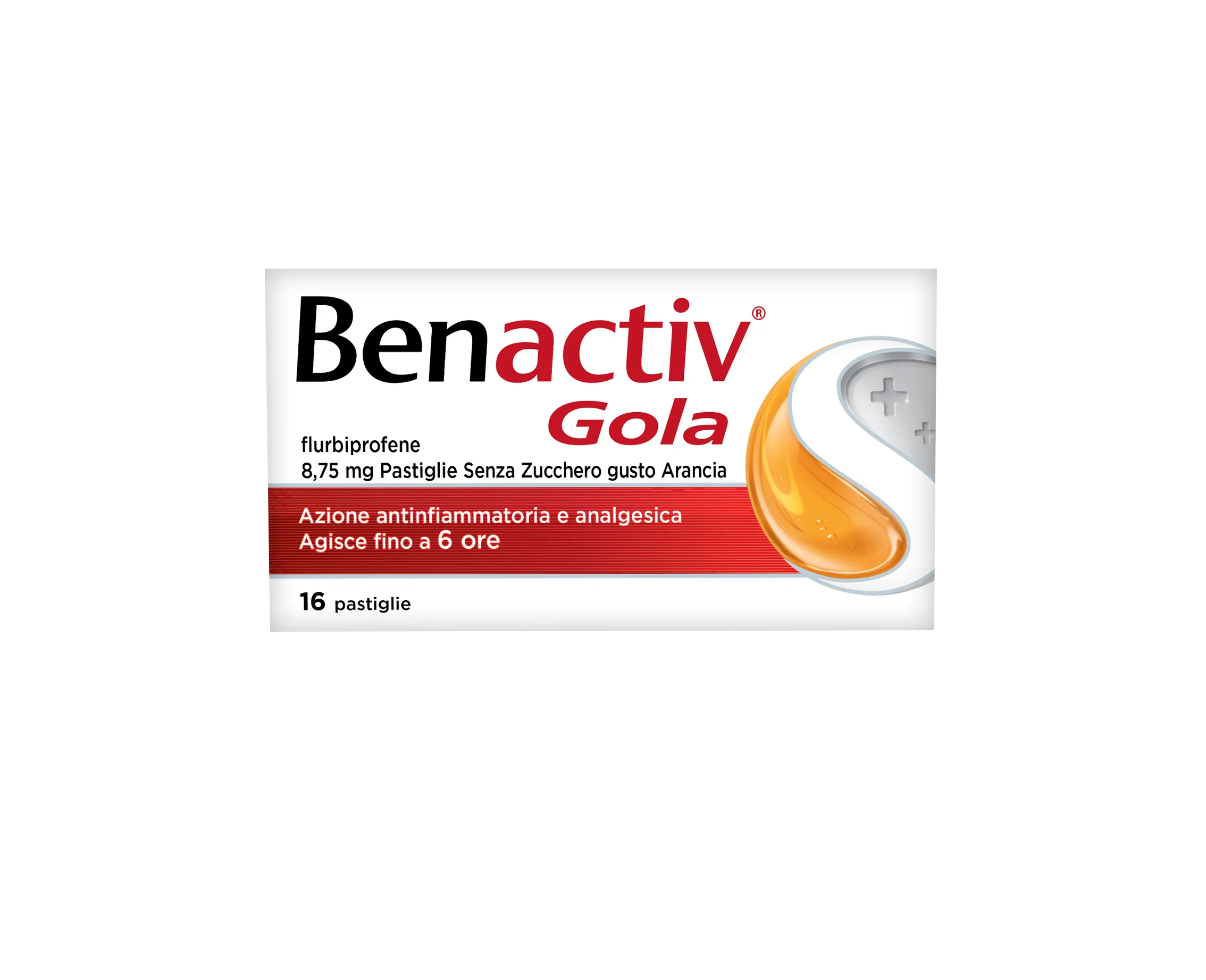 Benactiv Gola Pastiglie Senza Zucchero Gusto Arancia Flurbiprofene 16 Pastiglie Flurbiprofene per Infiammazione Orofaringea