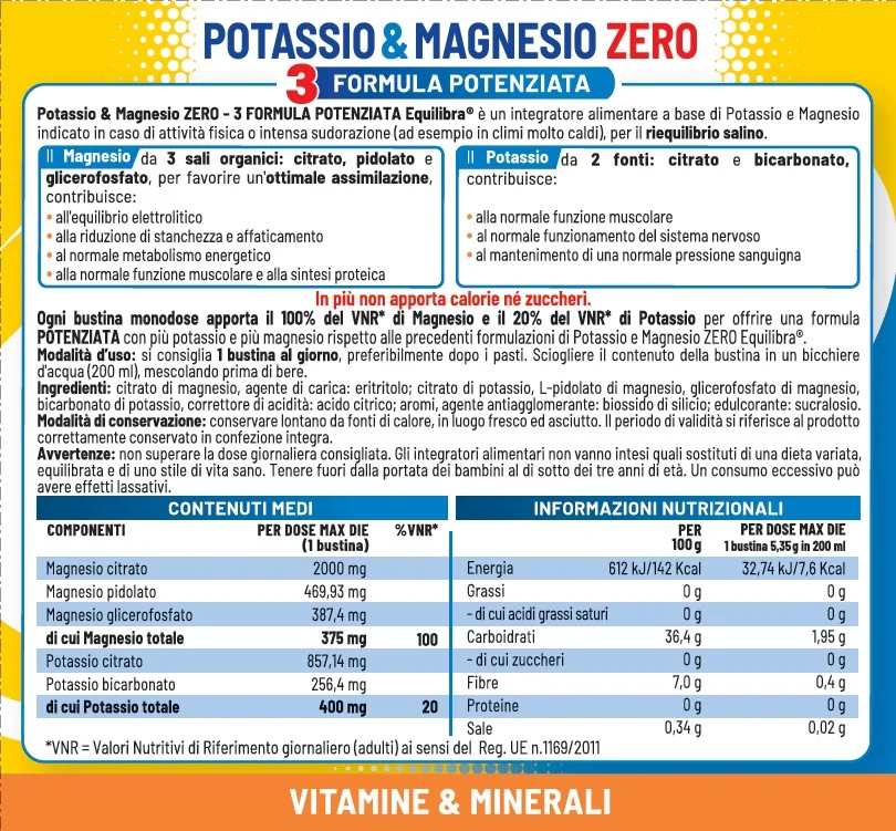 Potassio & Magnesio Zero 3 18 Bustine Sali Minerali Senza Zucchero