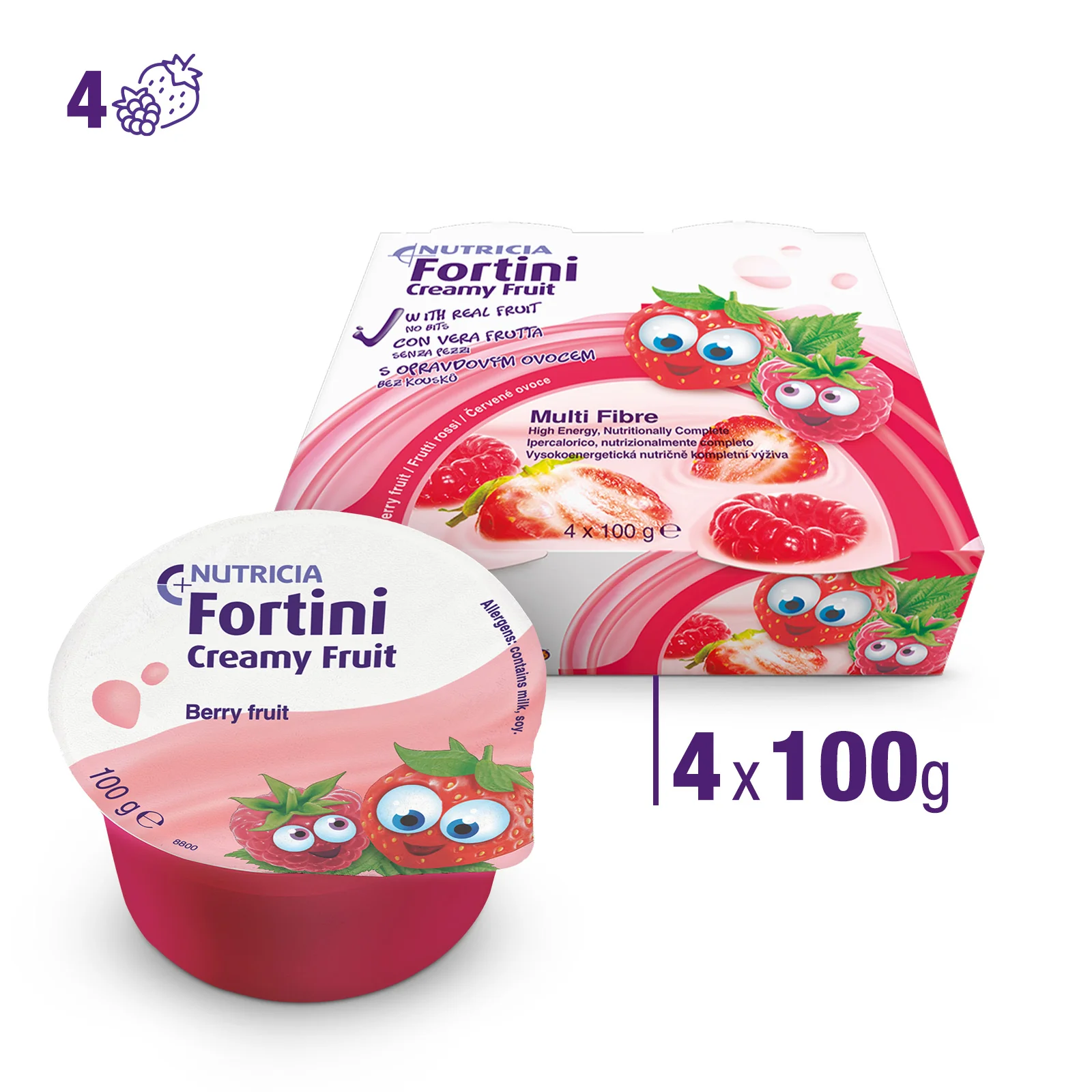 Nutricia Fortini Creamy Fruit, Frutti Rossi, 4x100g Integratore Ipercalorico Nutrizionalmente Completo