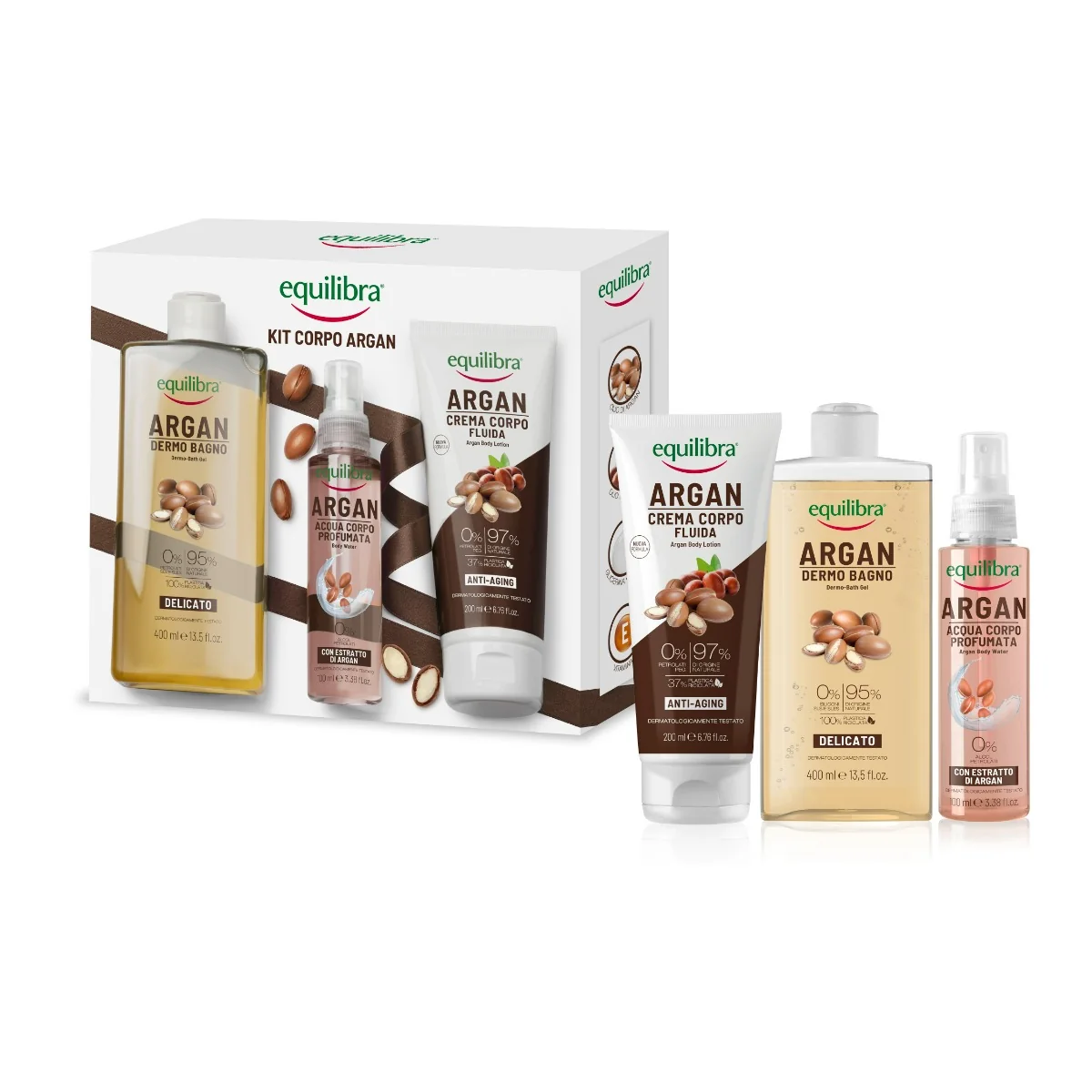 Equilibra Corpo Kit Argan Dermo Bagno Delicato 400 ml + Acqua Corpo Profumata 100 ml + Crema Corpo Anti Aging 200 ml