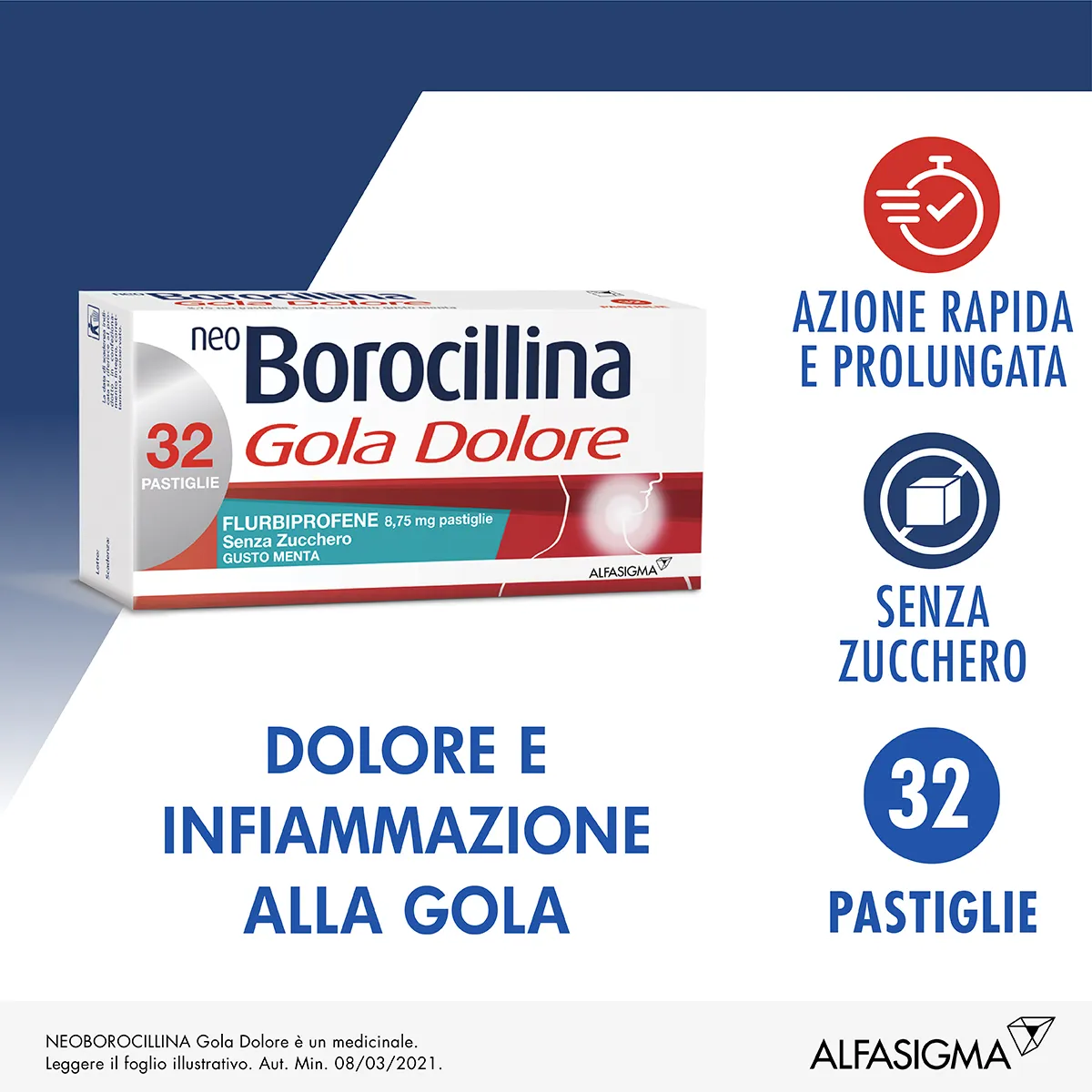 Neo Borocillina Gola Dolore 8,75 mg Menta Senza Zucchero 32 Pastiglie