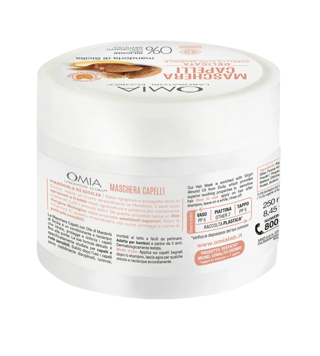 Omia Maschera Capelli Mandorla 250 ml Idrata, Protegge e Rinforza