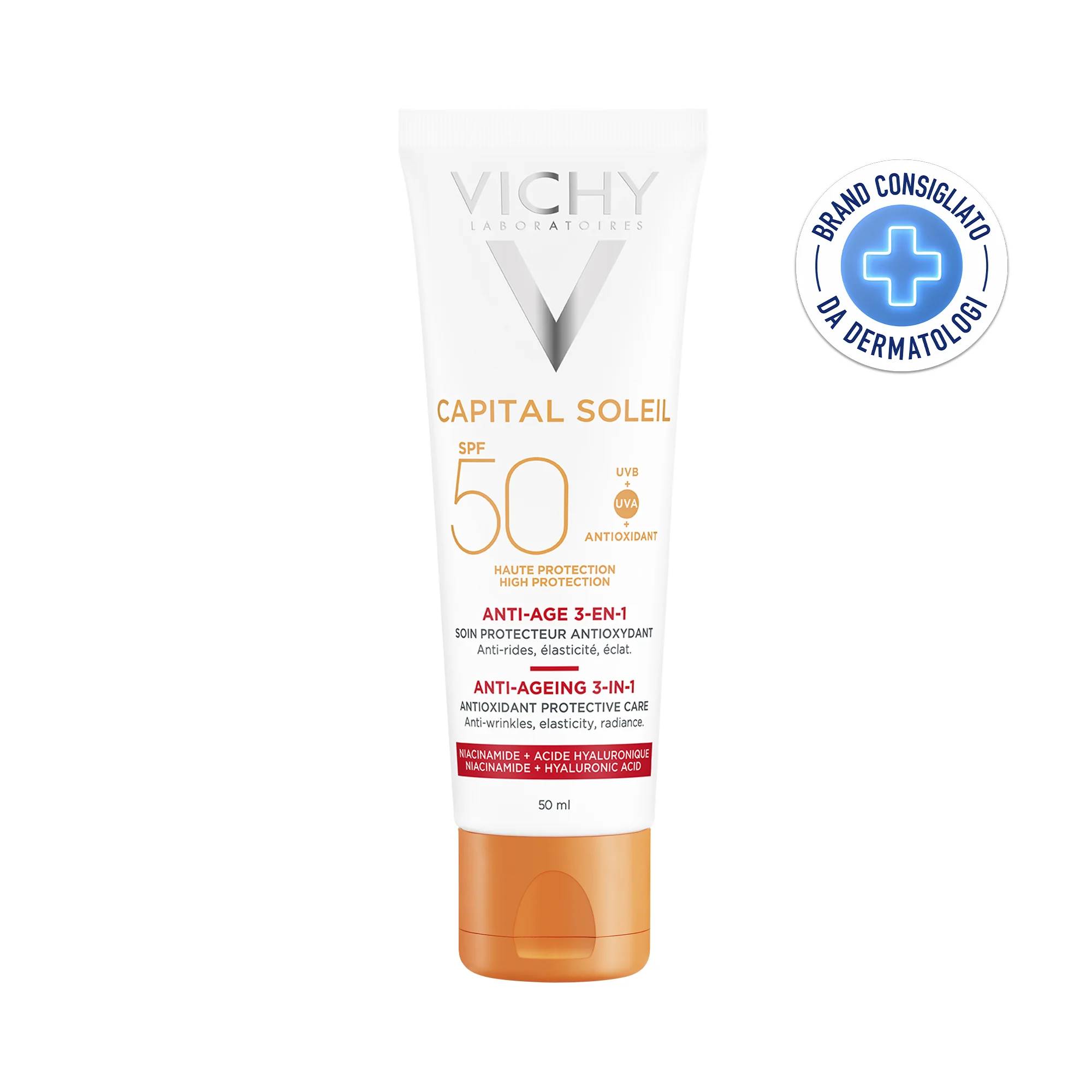Vichy Capital Soleil Crema Viso Anti-età 3 in 1 SPF50, 50 Ml Abbronzatura intensa