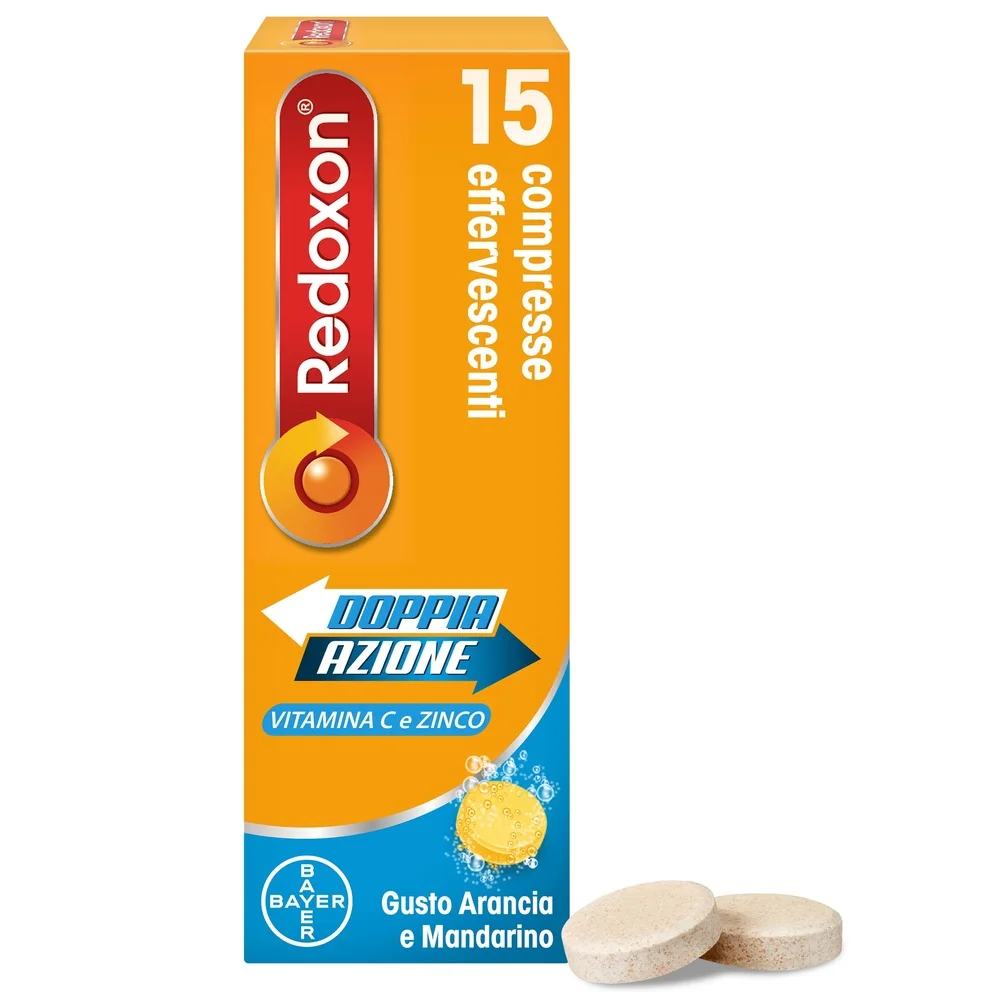 Redoxon Doppia Azione Gusto Arancia e Mandarino 15 Compresse Effervescenti Integratore di Vitamina C e Zinco