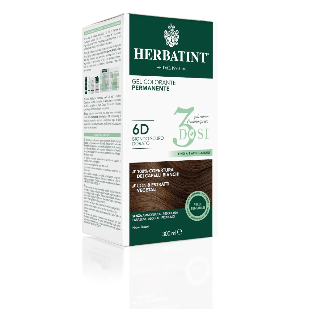 Herbatint Tintura Capelli Gel Permanente 3Dosi 6D Biondo Scuro Dorato 300 ml 