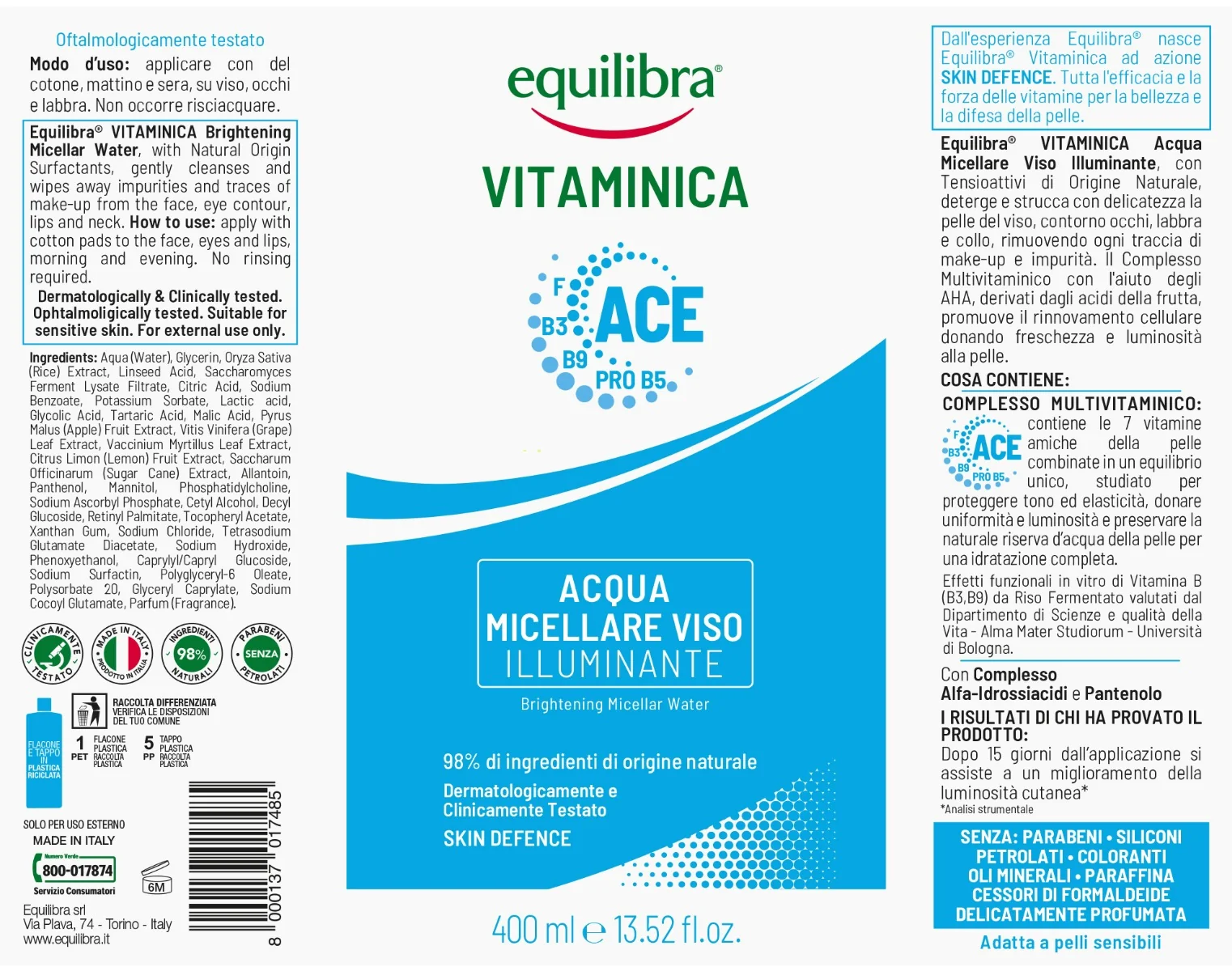 Equilibra Viso Vitaminica Acqua Micellare 400 Ml Detersione del Viso