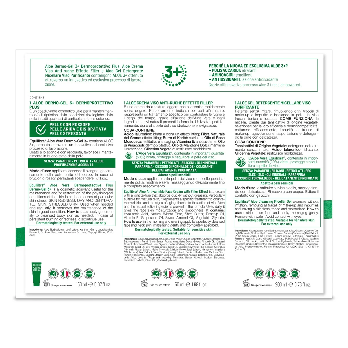 Equilibra Viso Kit Aloe 3+ Gel Dermoprotettivo Plus 150 ml + Crema Viso Anti Rughe Effetto Filler 50 ml + Gel Detergente Micellare 200 ml
