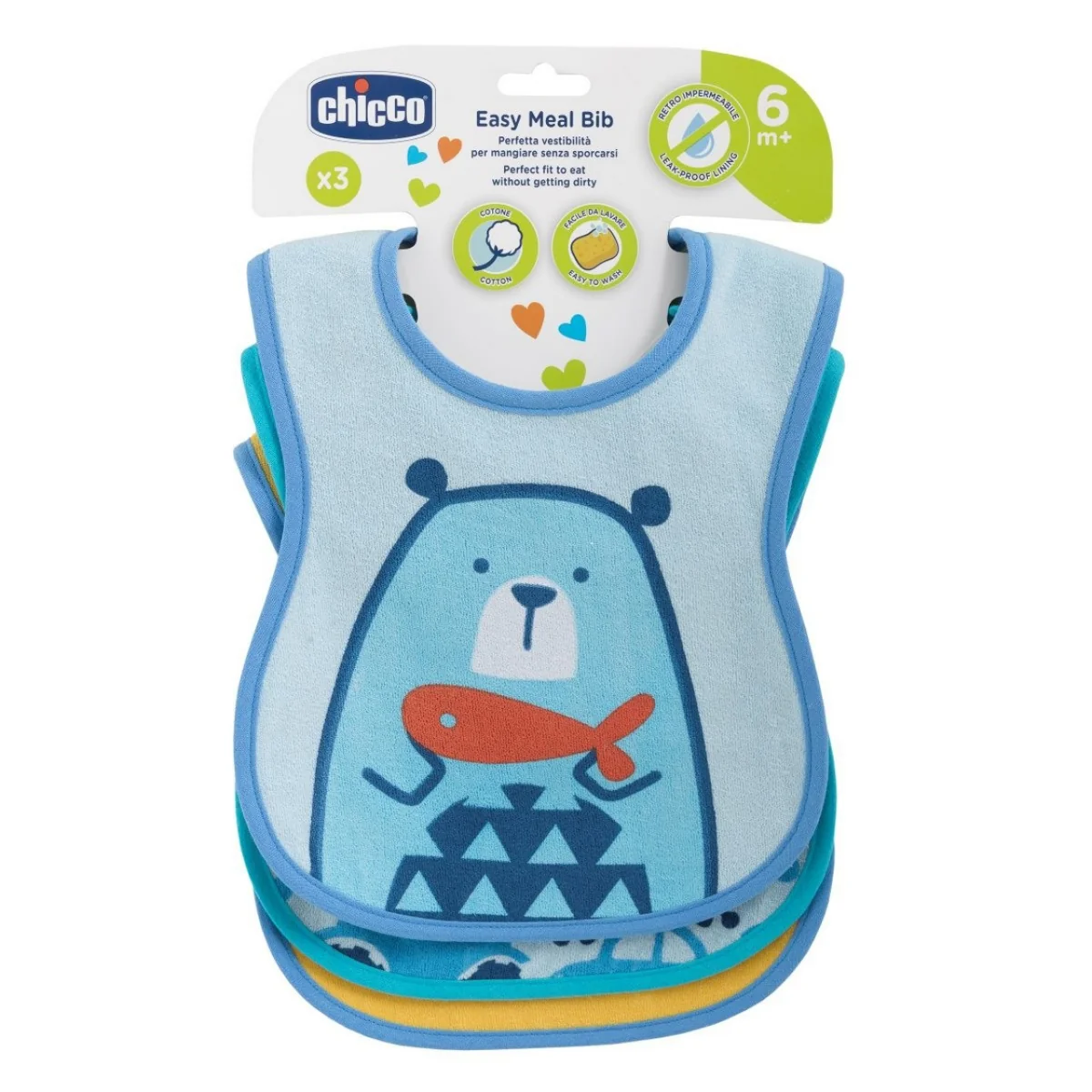 Chicco Bavagline Pappa 6M+ 3 Pezzi Azzurro Azzurro
