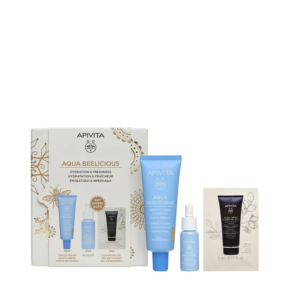 Apivita Aqua Beelicious Cofanetto 2025 Crema Fluida Idratante Tinted + Booster Idratante Rinfrescante + Gel Detergente Nero - Viso & Occhi