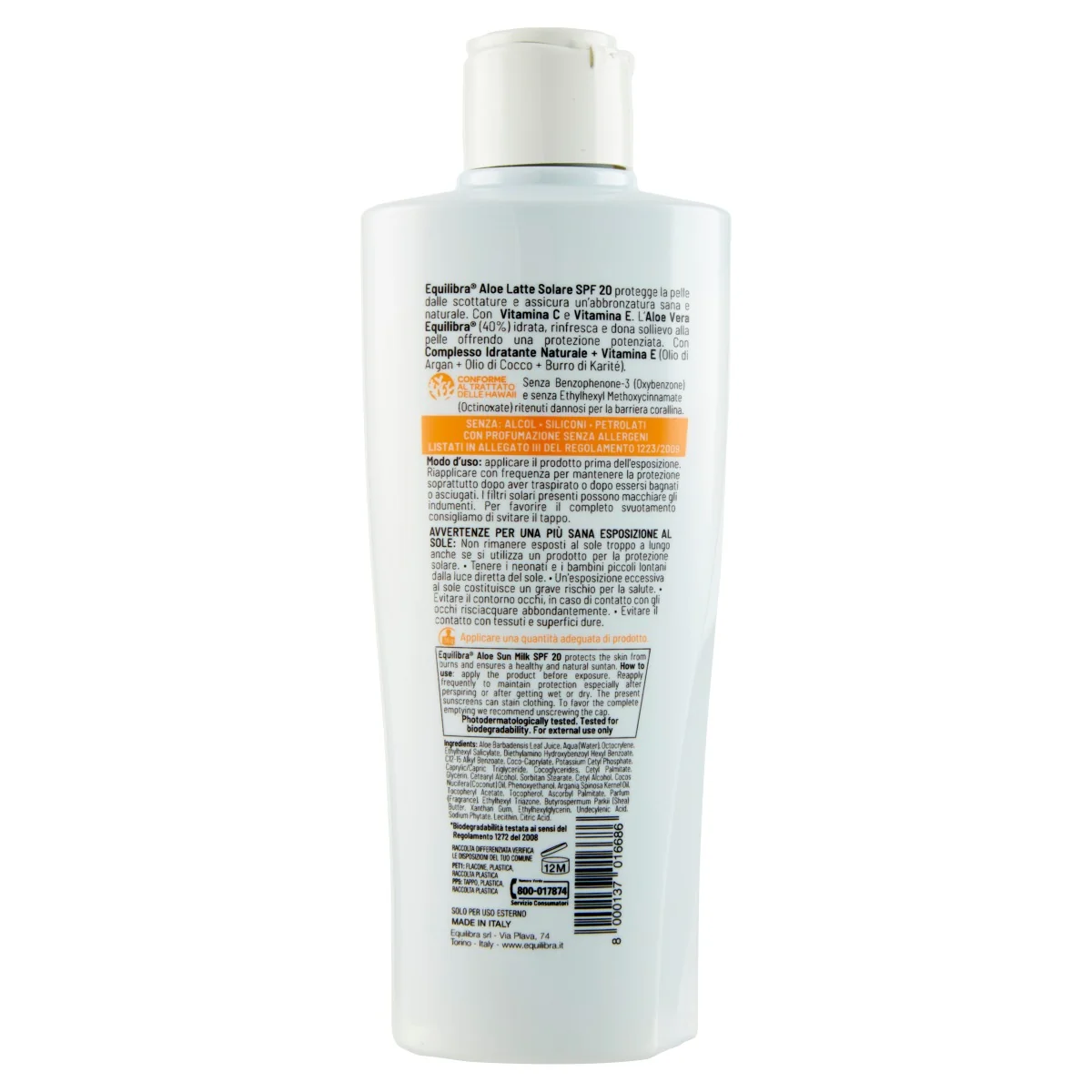Equilibra Latte Solare Aloe Spf 20 200 ml Protezione Solare