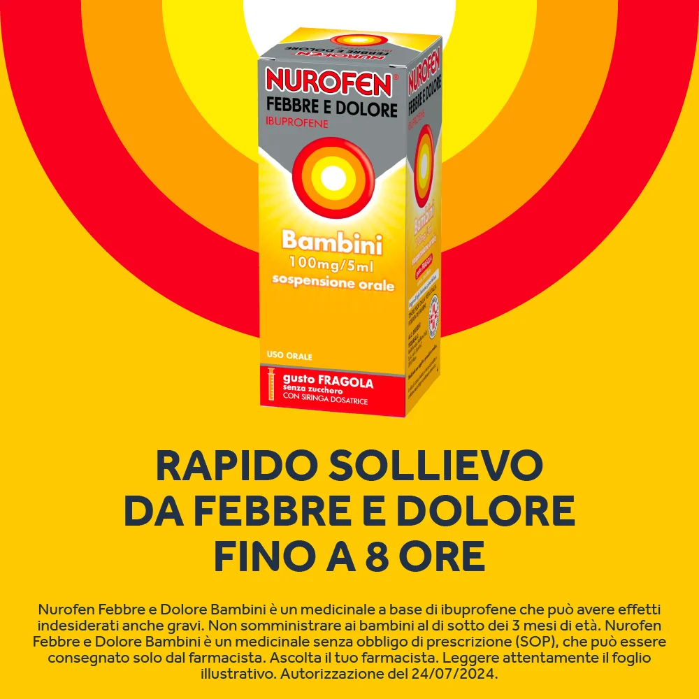 Nurofen Febbre e Dolore Bambini 100 mg/5 ml Ibuprofene Sospensione Orale Fragola 150 ml Antinfiammatorio