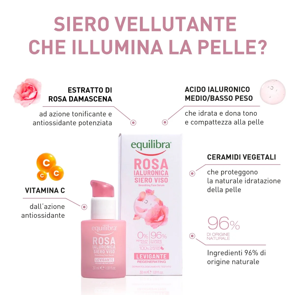 Equilibra Rosa Ialuronica Siero Viso Levigante 30 Ml Azione Tonificante e Antiossidante