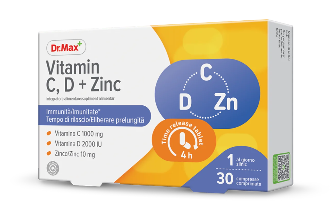 Dr. Max Vitamina C, D + Zn 30 Compresse Supporta il Sistema Immunitario