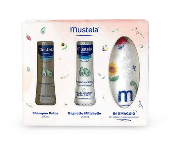 Mustela Cofanetto Bagnetto Turbante Shampoo Dolce 200 ml + Bagnetto Millebolle 200 ml + Turbante Asciugamano