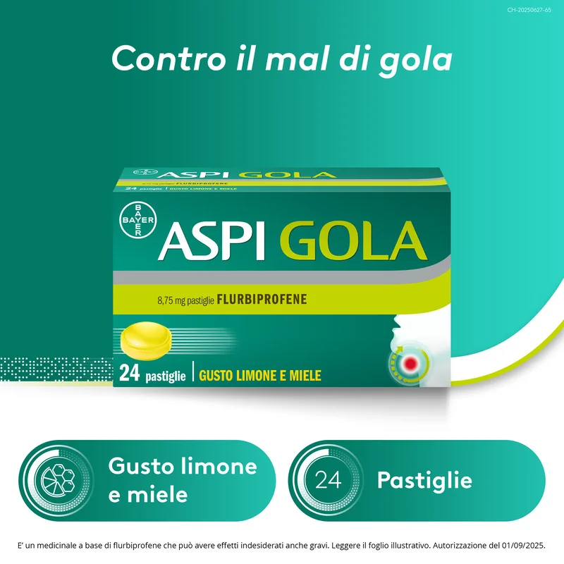 Aspi Gola Antinfiammatorio 24 caramelle Miele-Limone Mal di Gola