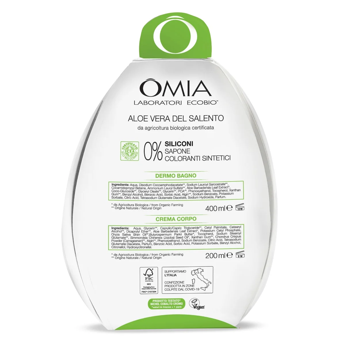 Omia Ovetto Aloe Dermo Bagno 400 ml + Crema Corpo 200 ml Freschezza e idratazione con Aloe del Salento