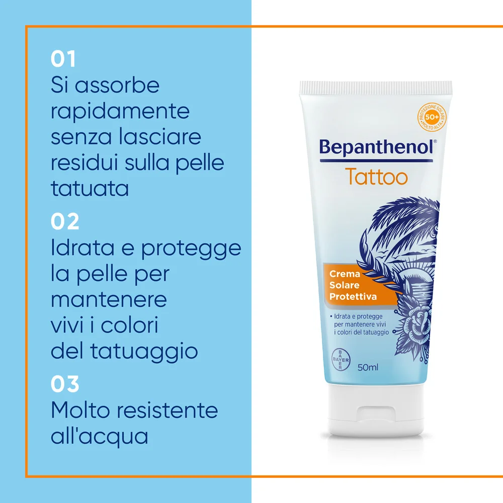 Bepanthenol Tattoo Crema Protezione Solare Molto Alta SPF50+ 50ml Per Tatuaggi