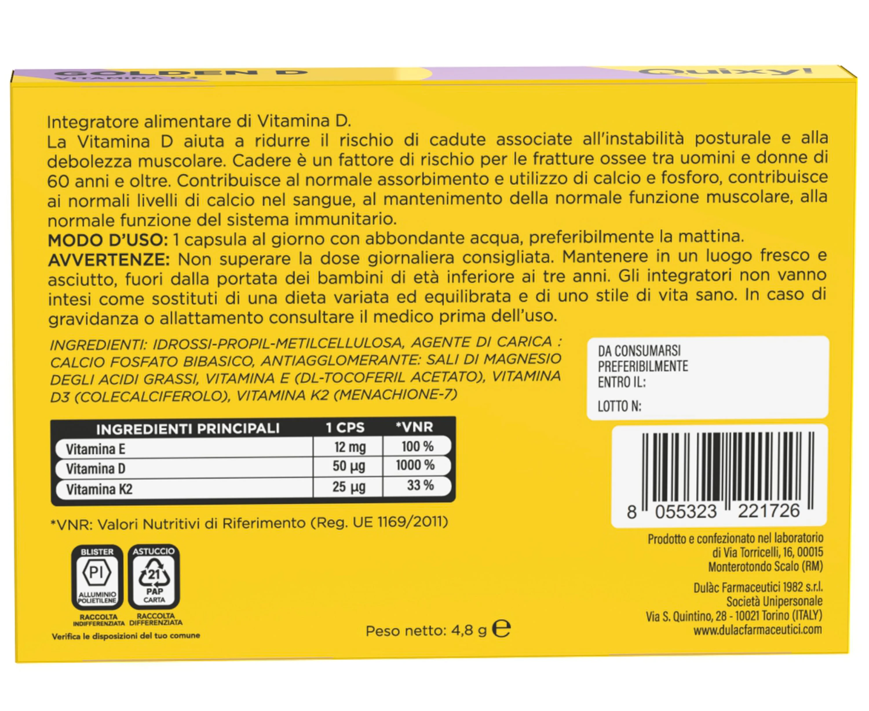 Ec Quixy Golden D- Vit D 15Cps Benessere Ossa e Muscoli