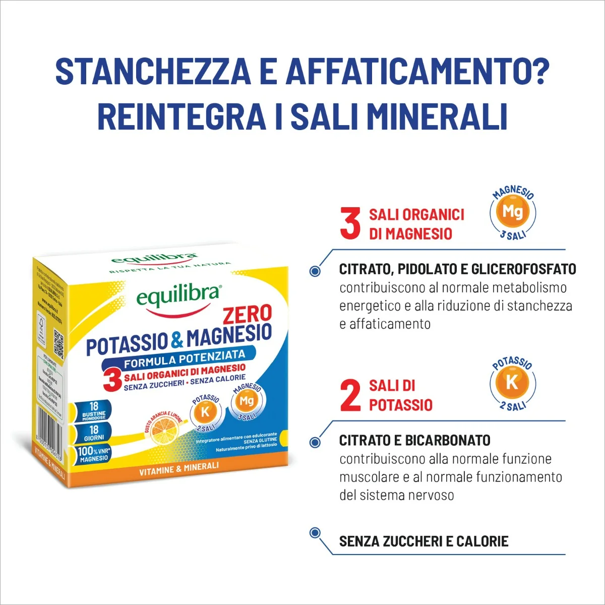 Potassio & Magnesio Zero 3 18 Bustine Sali Minerali Senza Zucchero