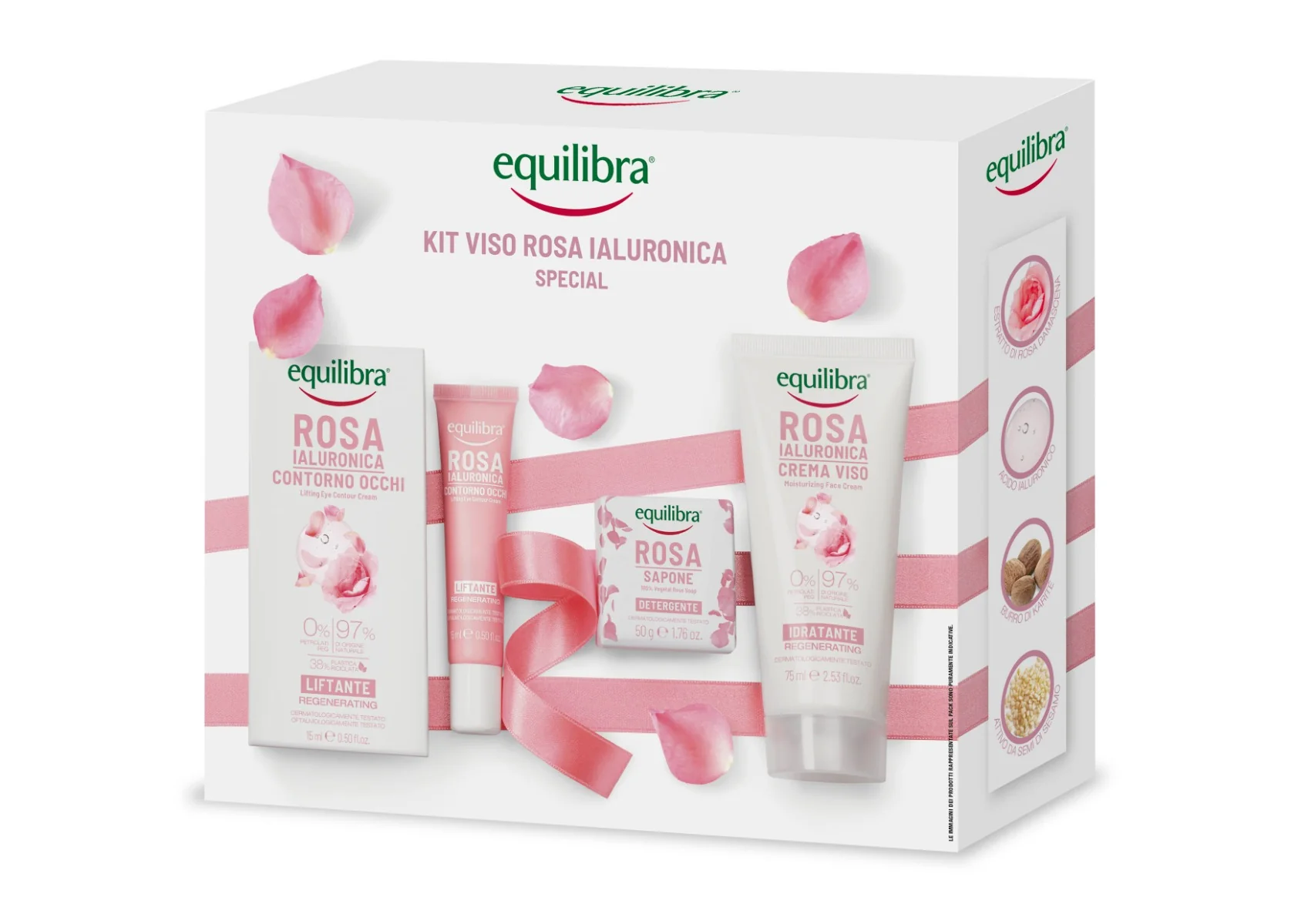 Equilibra Kit Viso Rosa Ialuronica Special Contorno Occhi Liftante 15 ml + Sapone 100% Vegetale 50 g + Crema Viso Idratante