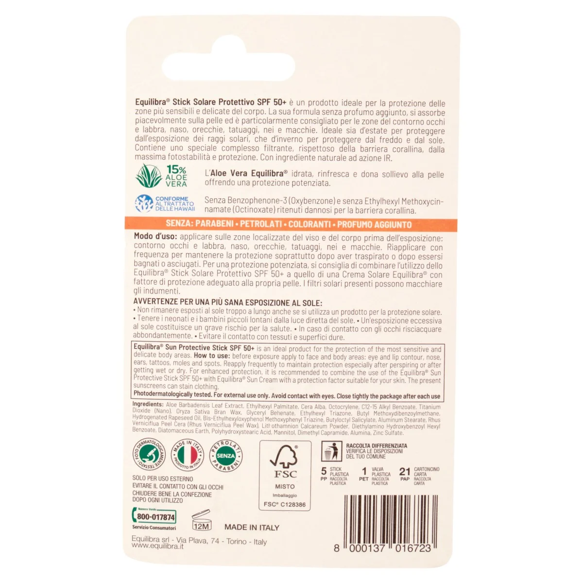 Equilibra Stick Solare Protettivo Spf 50+ 40 g Protezione Zone Sensibili