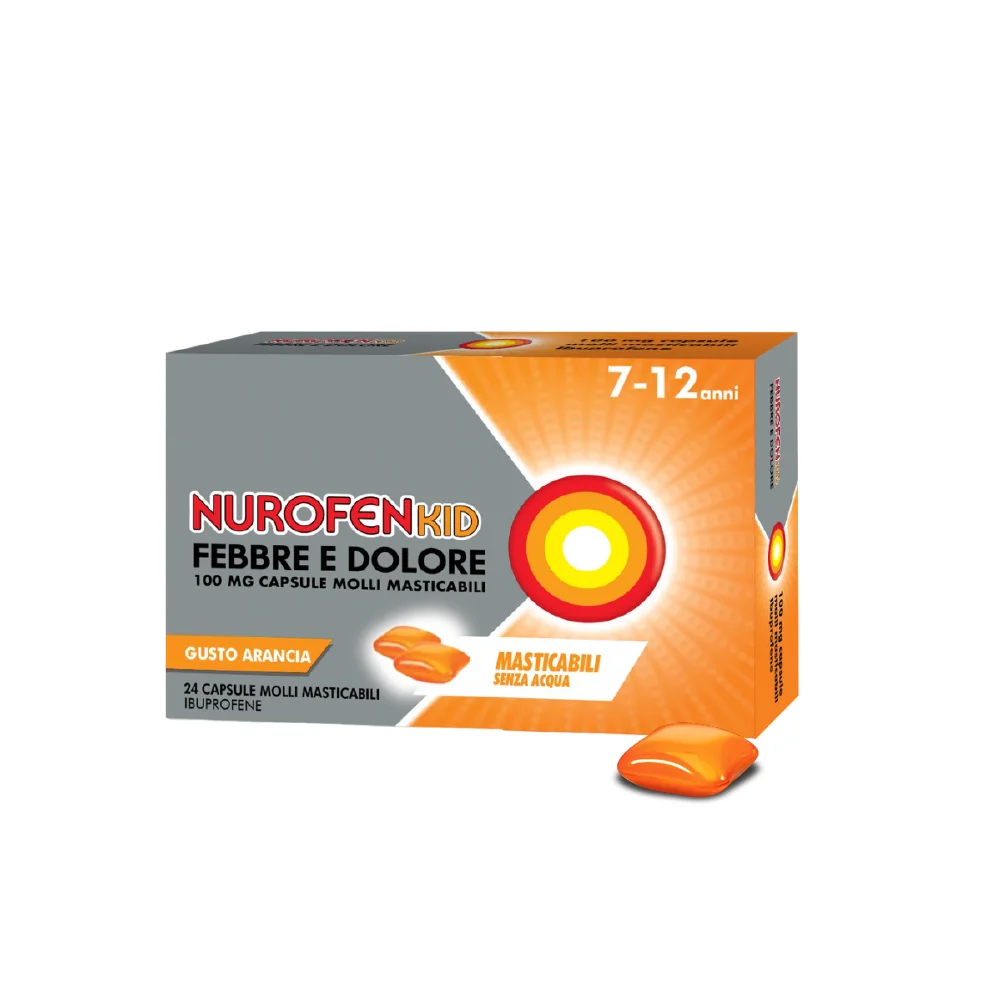 NurofenKid Febbre e Dolore 100 mg Ibuprofene 24 Capsule Molli Masticabili Ibuprofene