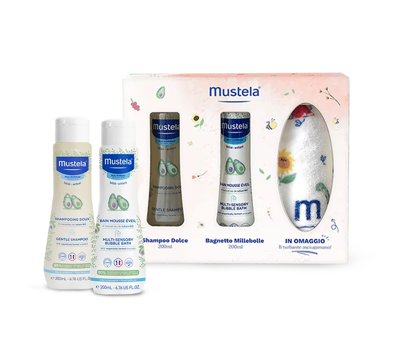 Mustela Cofanetto Bagnetto Turbante Shampoo Dolce 200 ml + Bagnetto Millebolle 200 ml + Turbante Asciugamano