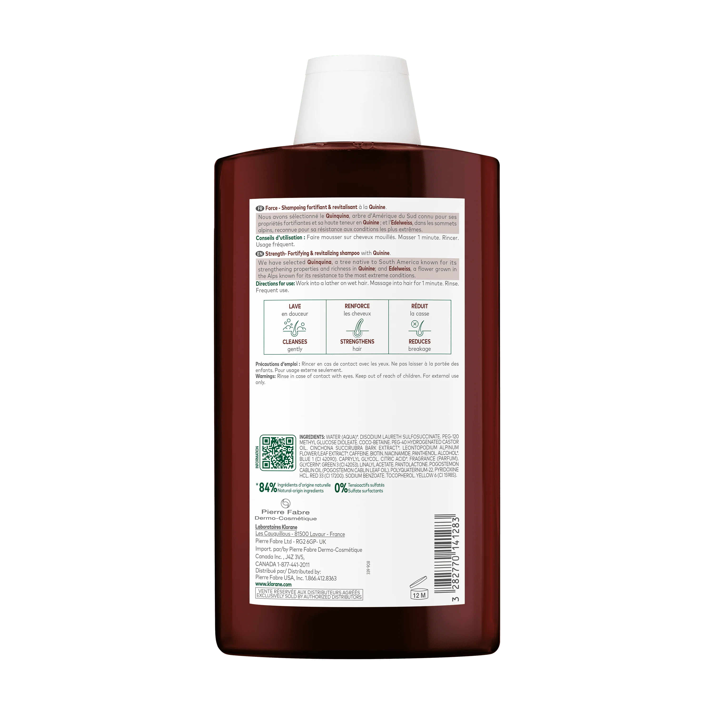 Klorane Shampoo Fortificante e Stimolante alla Chinina 400 ml Contro la Caduta dei Capelli