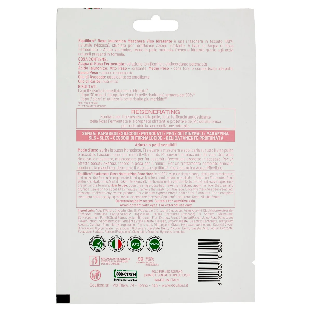 Equilibra Rosa Ialuronica Maschera Viso Idratante 1 Pezzo Maschera Viso Idratante
