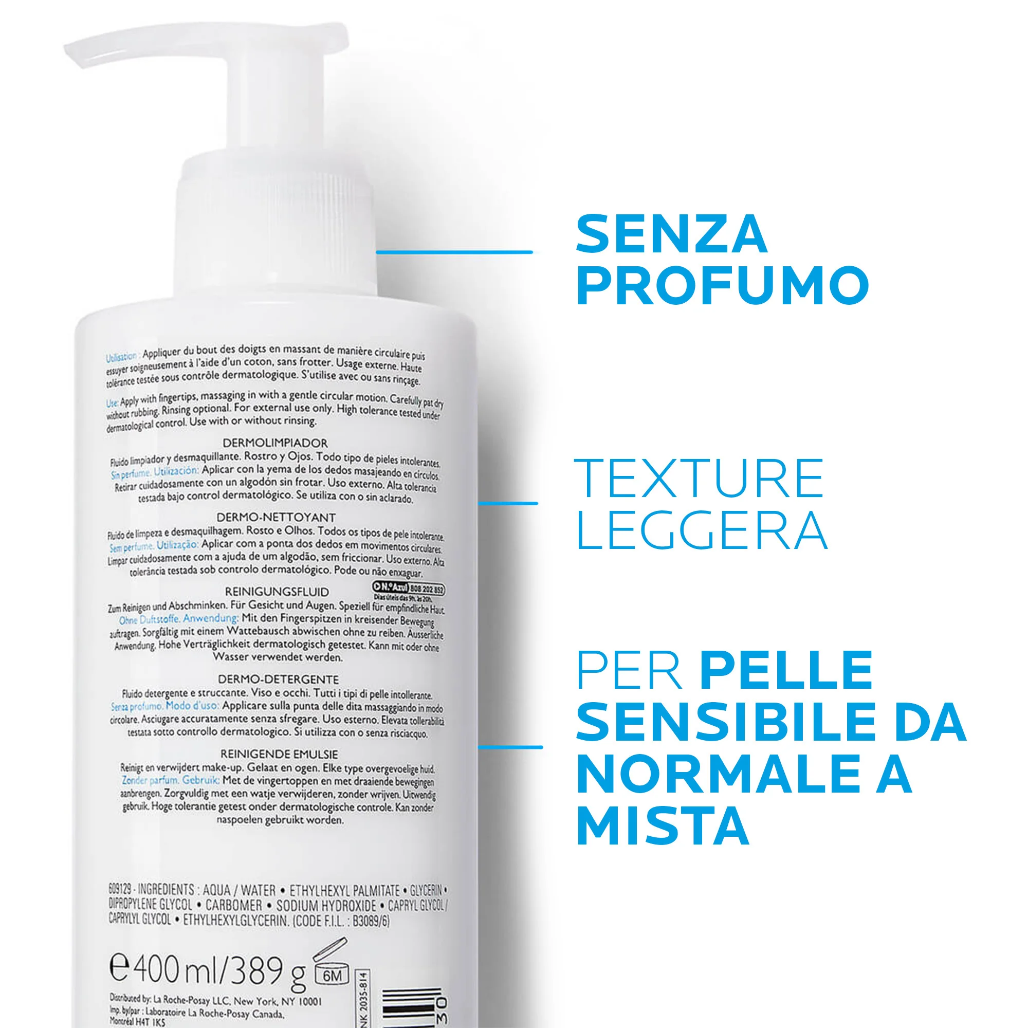 La Roche Posay Toleriane Dermo Detergente 400 ml Struccante Viso Delicato per Pelle Intollerante