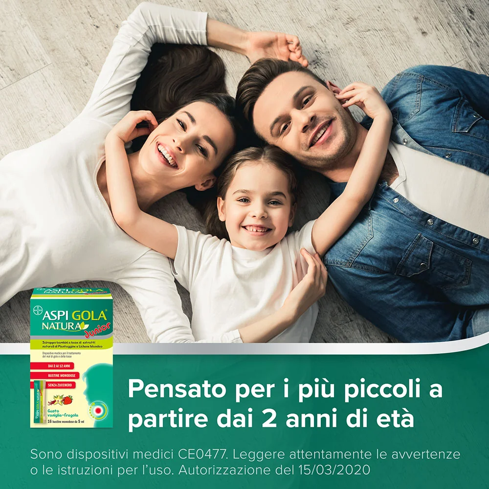Aspi Gola Natura Junior Sciroppo 16 Bustine Mal di Gola e Tosse