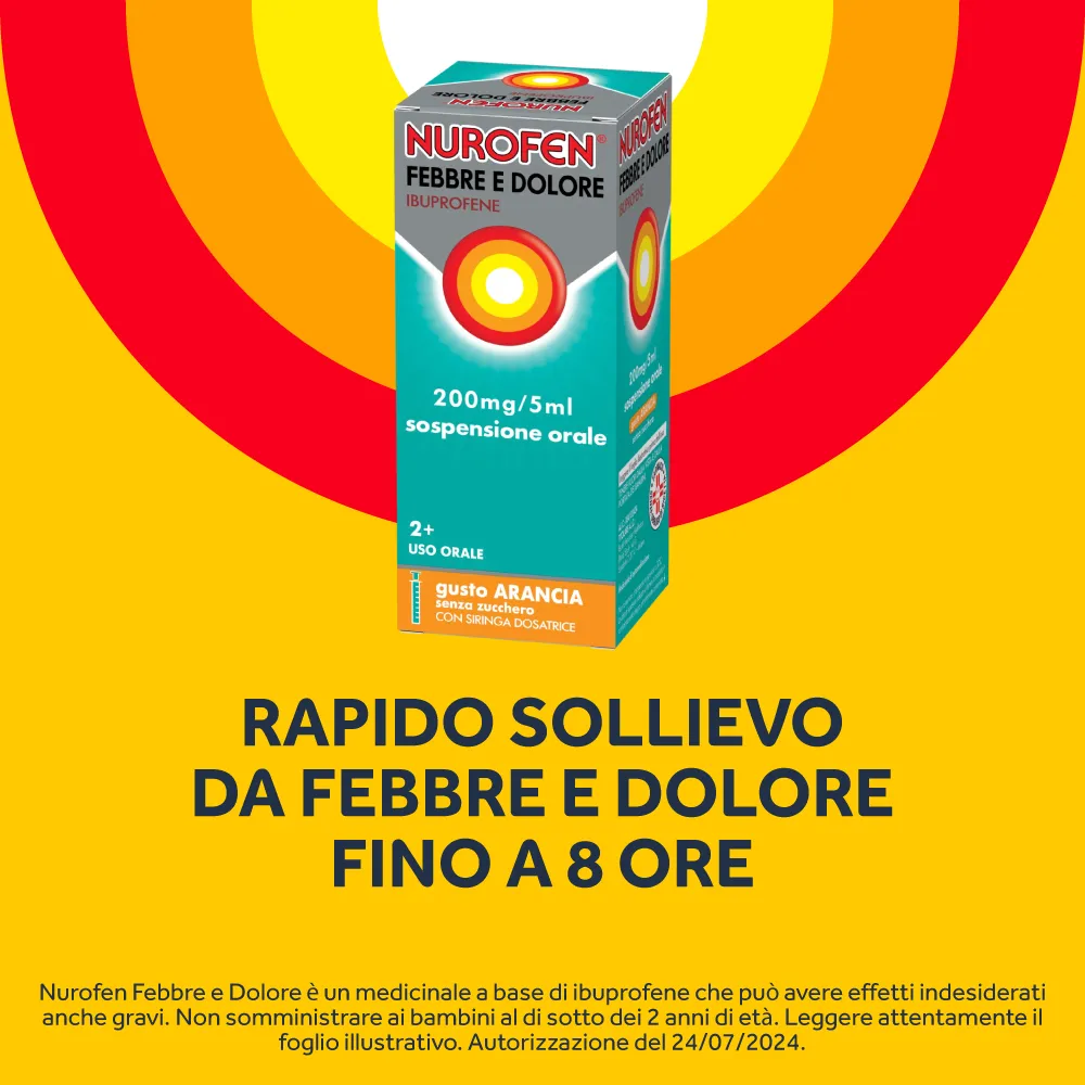 Nurofen Febbre e Dolore Bambini 200 mg/5 ml Ibuprofene Sospensione Orale Arancia 100 ml Febbre