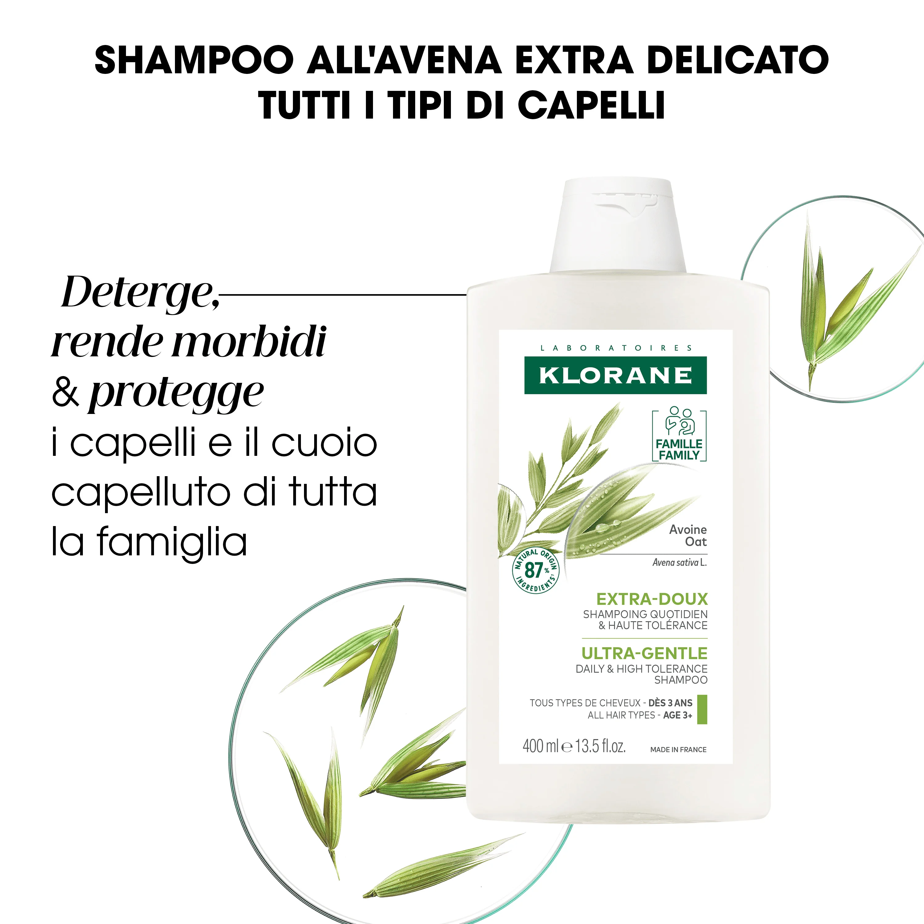 Klorane Shampoo all'Avena Extra delicato 400 ml Tutti i Tipi di Capelli