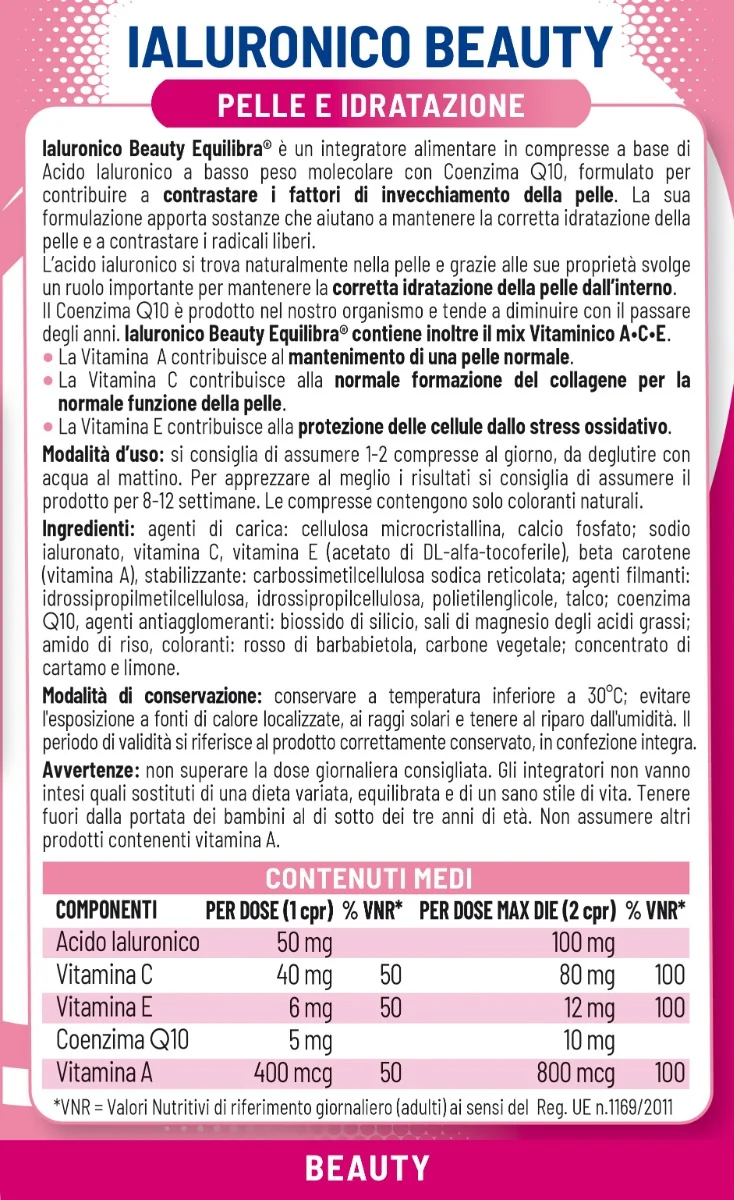 Equilibra Ialuronico Beauty 30 compresse Pelle idratata e protetta da radicali liberi