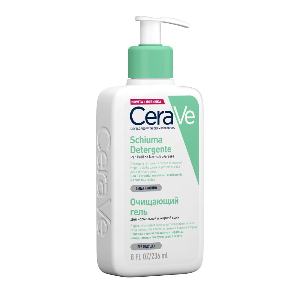 Cerave Schiuma Detergente Viso 236 Ml Detergente Viso studiato per la Pelle da normale a grassa