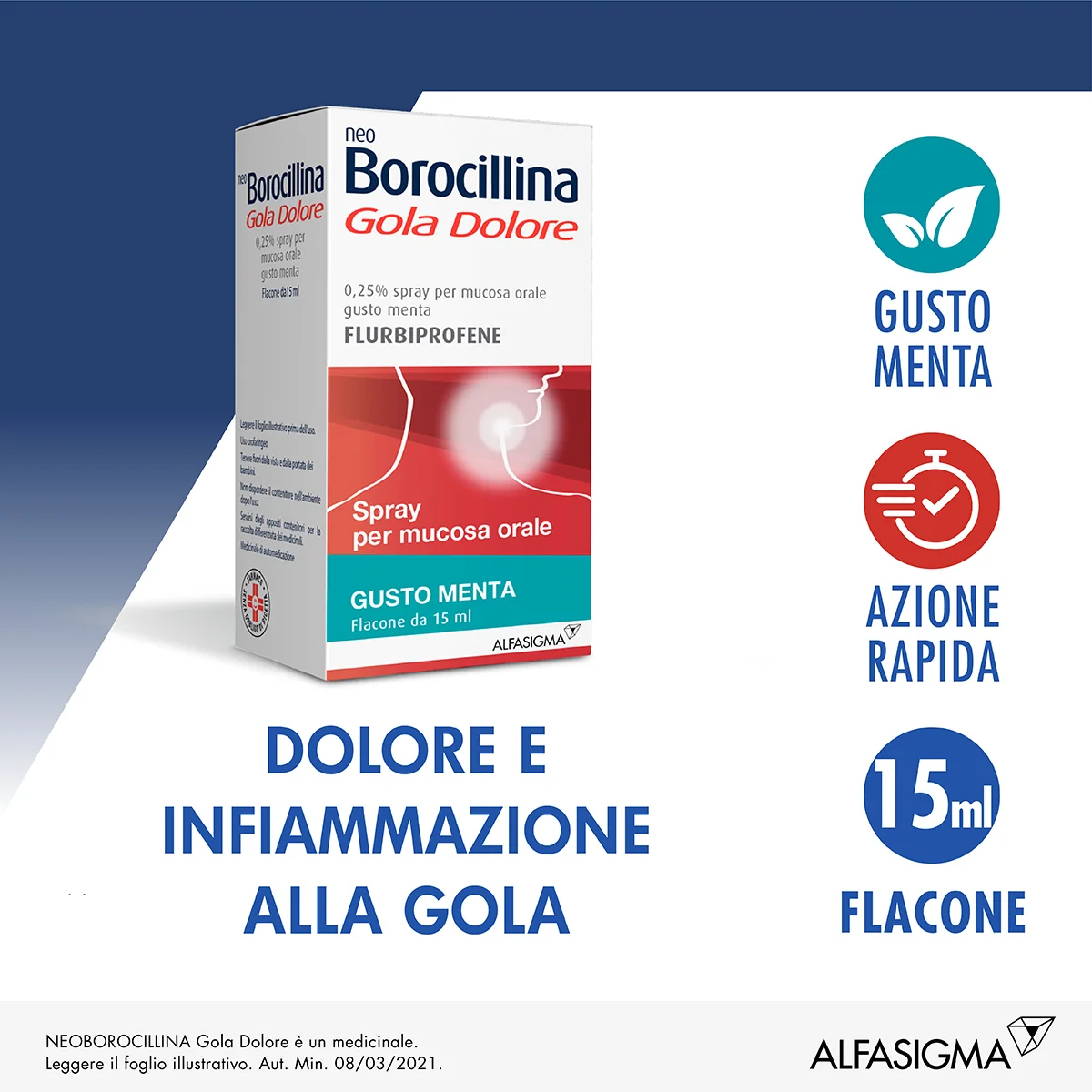 Neoborocillina Gola Dolore Spray Menta 15 ml Dolore e Infiammazione alla Gola